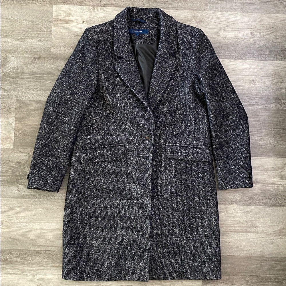 Cole Haan Wool Herringbone Pea Coat Long Gray Blue White Classic Academia Sz 6